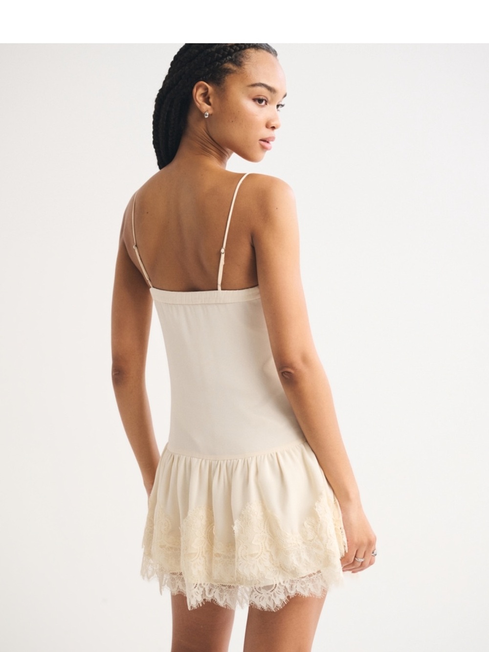 Abercrombie & Fitch Muted Cream V-NeckLace-Trim ruffle Slip Mini Dress NWT sz XS - Picture 4 of 5